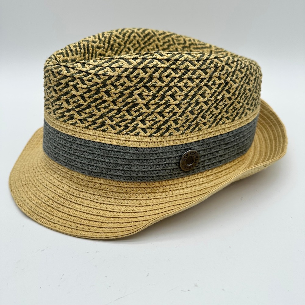 Ben Sherman Mens Straw Fedora Hat Trilby Tan Grey Paper Straw L XL Summer Beach